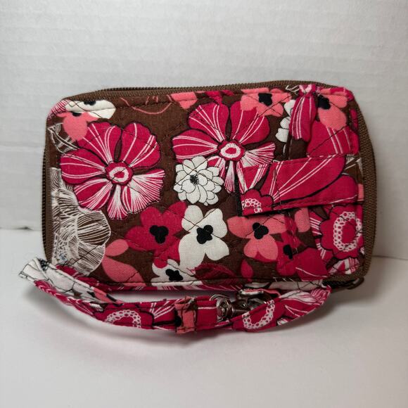 Women's Pink & Brown Floral Flower Print Zip Around Wristlet Wallet - Picture 4 of 5